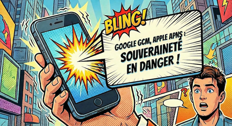 Une image générée par IA dans un style BD. Une main tient un téléphone portable avec une notification "Google GCM, Apple APNS : Souveraineté en danger!" L'utilisateur a l'air surpris.